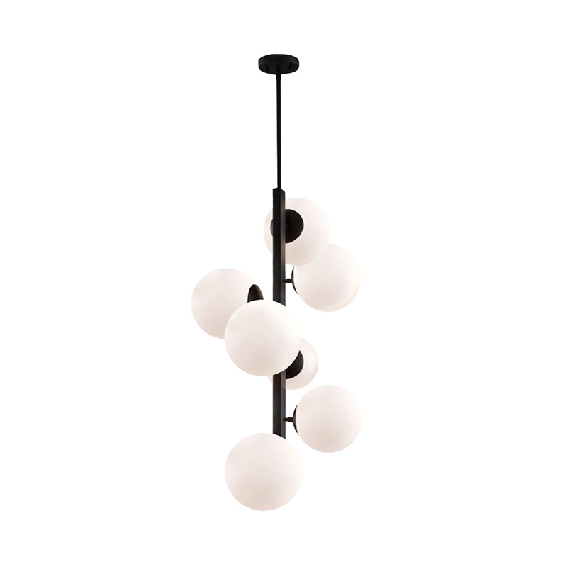 Black Round Hanging Chandelier Contemporary 7 Bulbs Opal Glass Ceiling Suspension Lamp