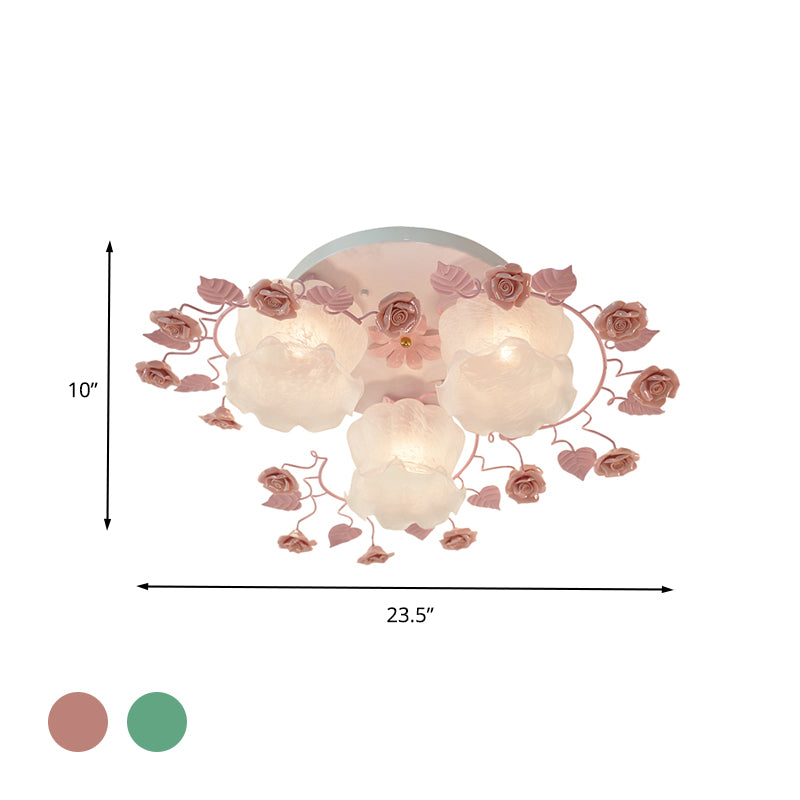 Floral White Glass Ceiling Mounted Fixture Traditional 3/5 Bulbs Living Room Flush Mount Lamp in Pink/Green