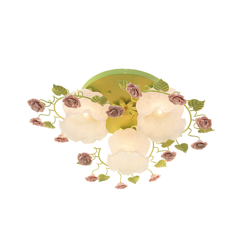 Floral White Glass Ceiling Mounted Fixture Traditional 3/5 Bulbs Living Room Flush Mount Lamp in Pink/Green