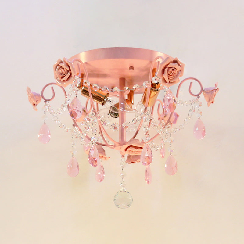 3 Heads Crystal Flush Mount Pastoral Pink Expose Bulb Bedroom Close to Ceiling Lighting