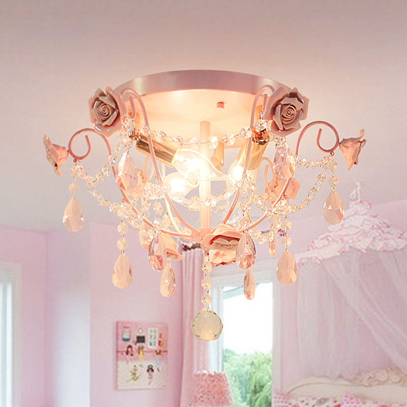 3-Köpfe Crystal Flush Mount Pastoral Pink Expose Birne Schlafzimmer in der Nähe von Deckenbeleuchtung