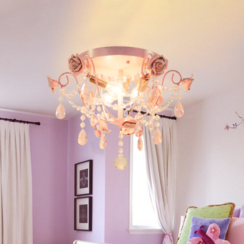 3-Köpfe Crystal Flush Mount Pastoral Pink Expose Birne Schlafzimmer in der Nähe von Deckenbeleuchtung