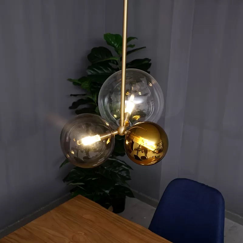 Clear Glass Sphere Hanging Chandelier Modernist 3 Heads Gold Ceiling Pendant Light