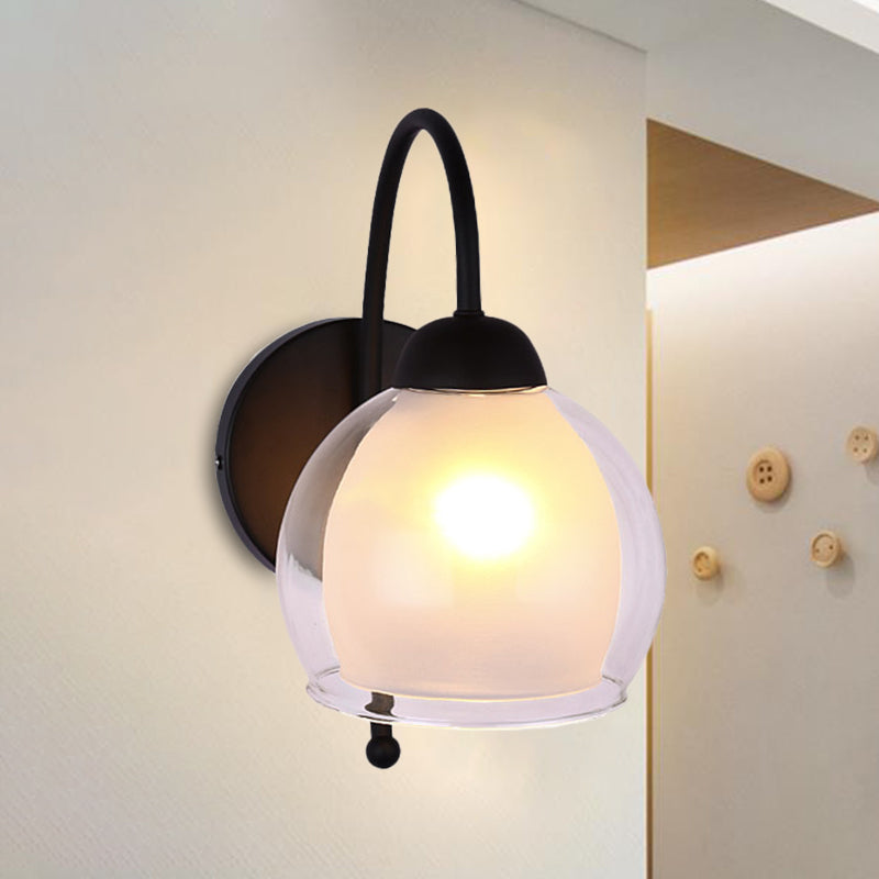 Modern Round Wall Lighting Frosted Glass 1 Head Sconce Light Fixture in Black with Metal Curvy Arm