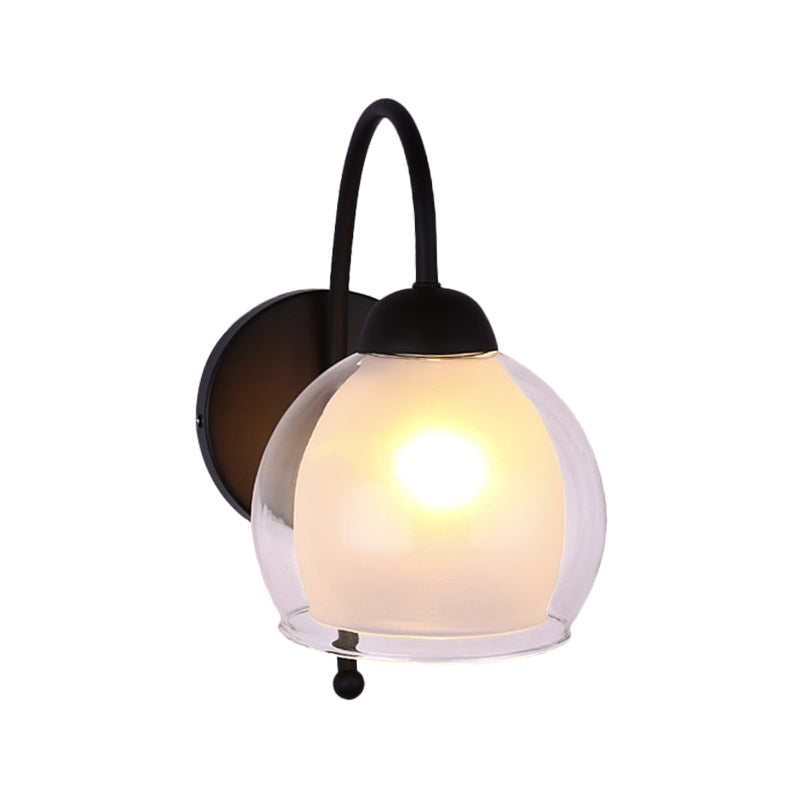 Modern Round Wall Lighting Frosted Glass 1 Head Sconce Light Fixture in Black with Metal Curvy Arm