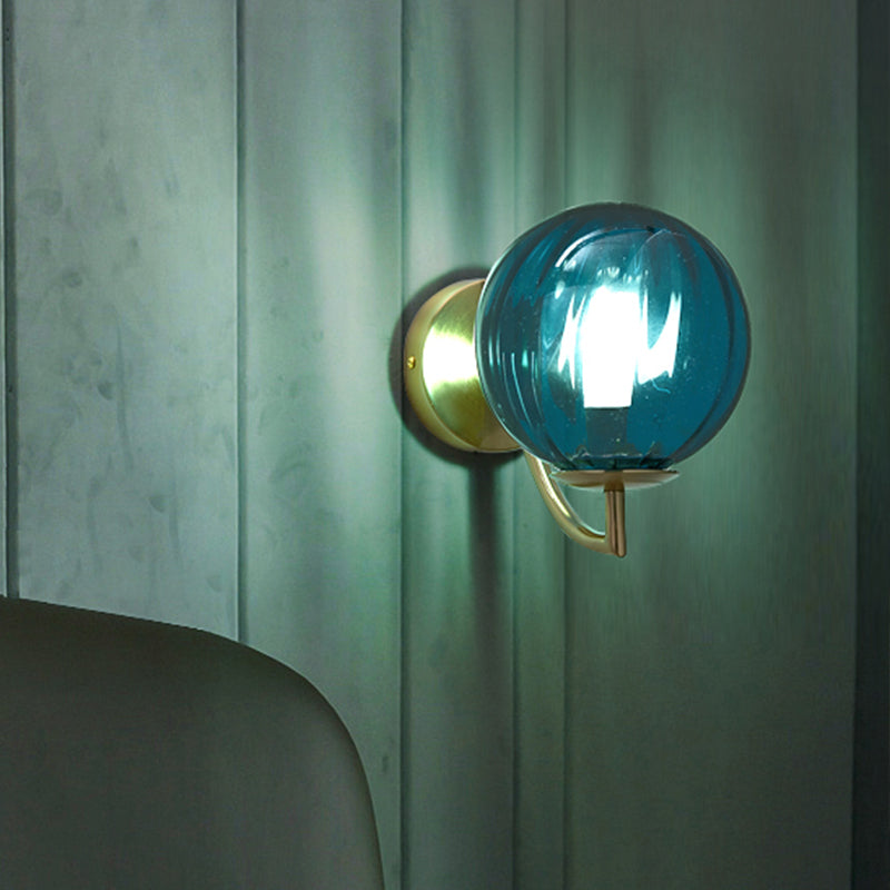 Sphere Wall Lighting Modernism Blue Ribbed Glass 1 Bulb Bedroom Sconce Light Fixture