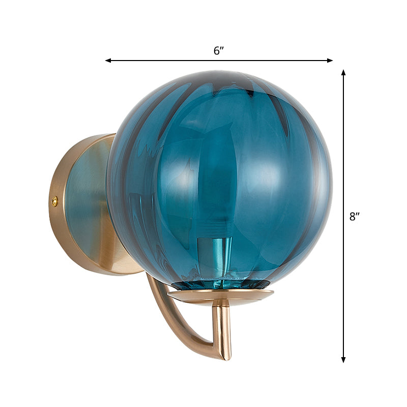 Sphere Wall Lighting Modernism Blue Ribbed Glass 1 Bulb Bedroom Sconce Light Fixture