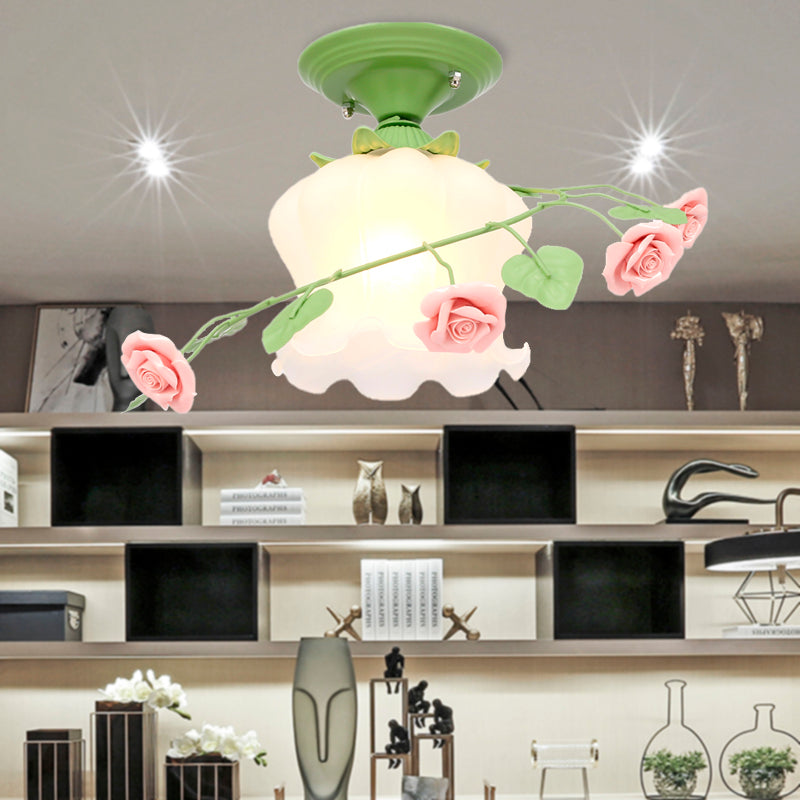 1 Bulb Scalloped Ceiling Flush Mount Traditional White/Green Satin Opal Glass Semi Mount Lighting