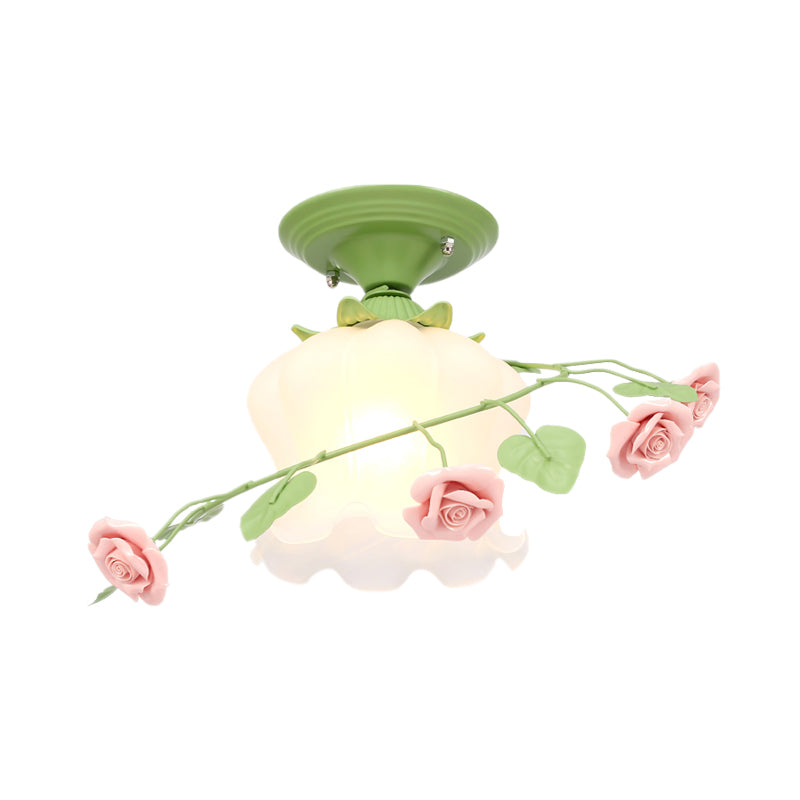 1 Bulb Scalloped Ceiling Flush Mount Traditional White/Green Satin Opal Glass Semi Mount Lighting