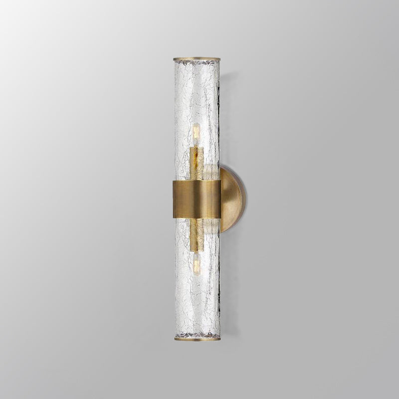 2 Bulbs Cylindrical Sconce Light Contemporary Crackle Glass Wall Mounted Lighting in Brass