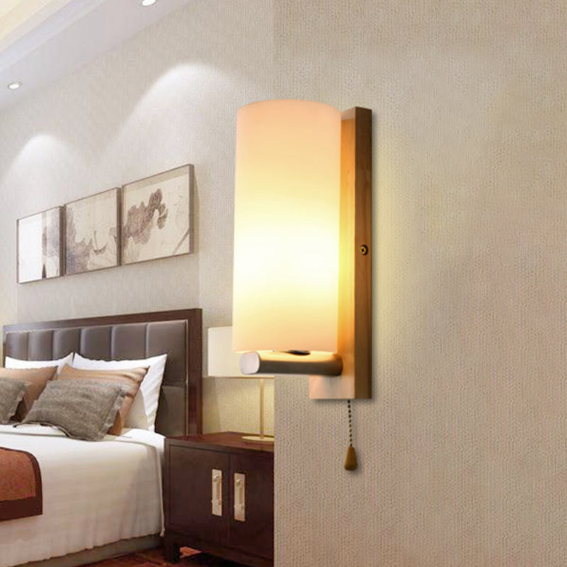 White Glass Cylinder Sconce Light Modern 1 Bulb Wall Mount Lighting with Rectangle Wood Backplate