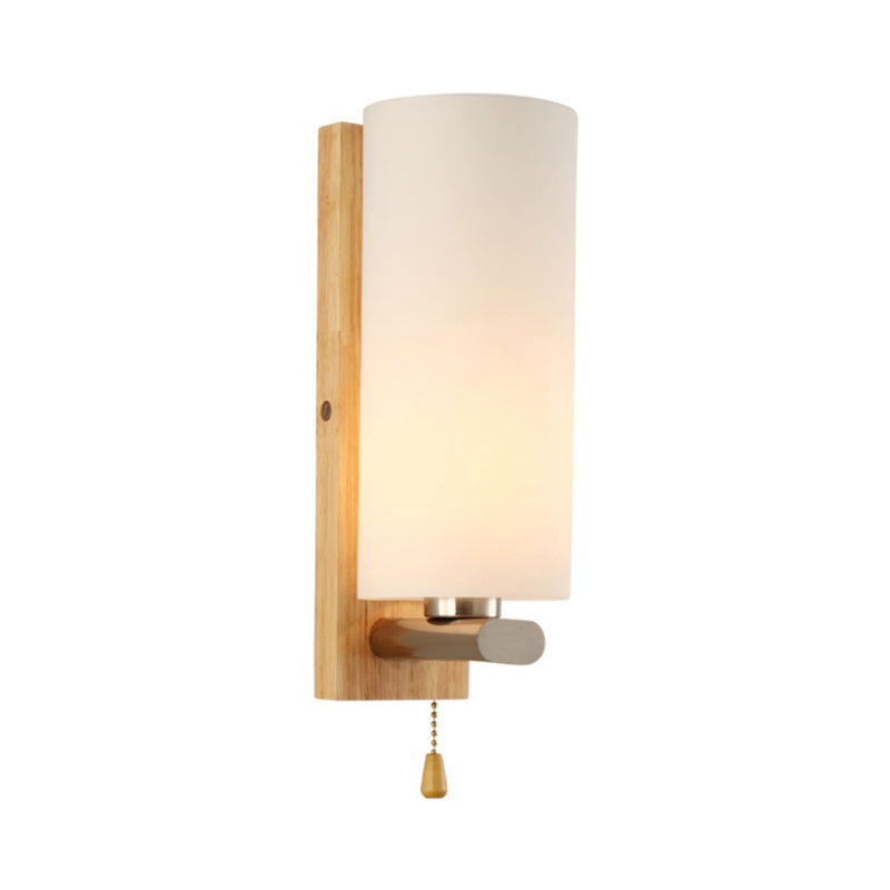 White Glass Cylinder Sconce Light Modern 1 Bulb Wall Mount Lighting with Rectangle Wood Backplate