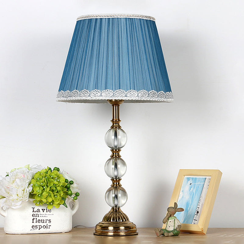 Lámpara de mesa de noche con pantalla plisada clásica, 1 lámpara de mesita de noche de tela ligera en azul para dormitorio con decoración de cristal