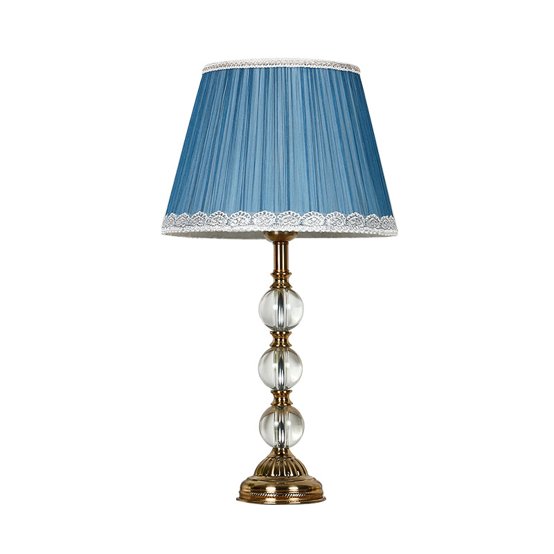 Lámpara de mesa de noche con pantalla plisada clásica, 1 lámpara de mesita de noche de tela ligera en azul para dormitorio con decoración de cristal