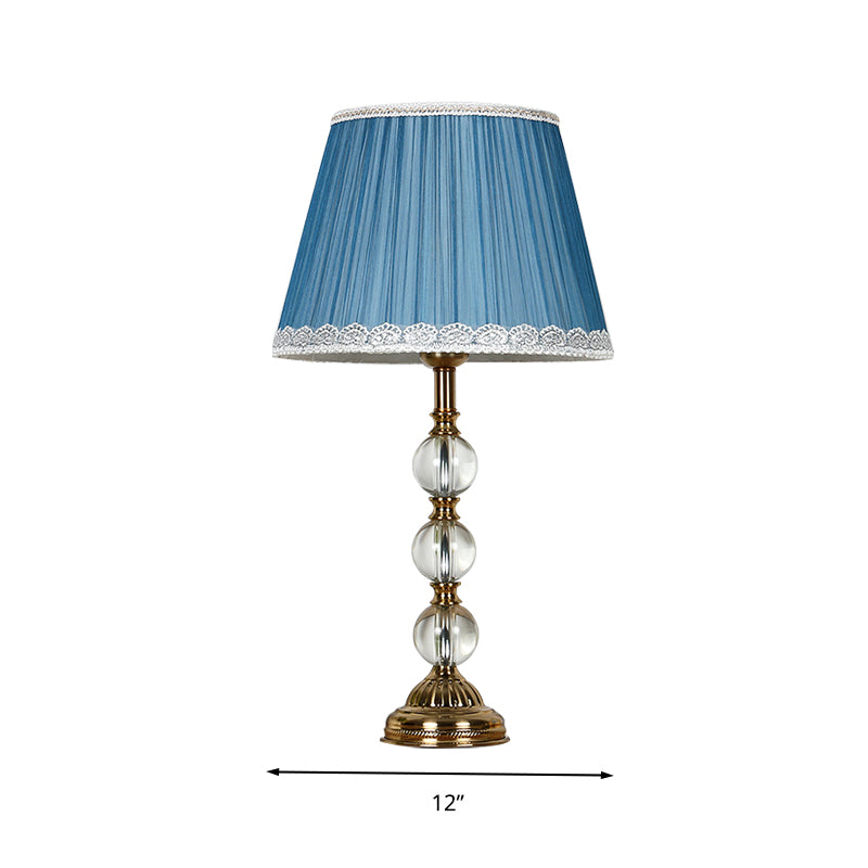 Lámpara de mesa de noche con pantalla plisada clásica, 1 lámpara de mesita de noche de tela ligera en azul para dormitorio con decoración de cristal
