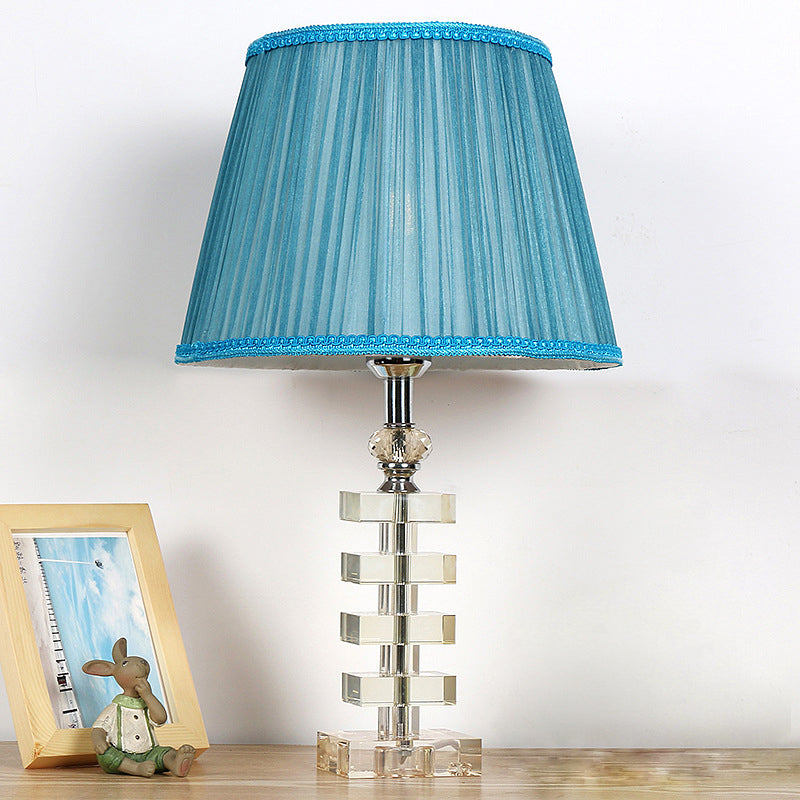 1 Light Barrel Table Lamp Traditionalism Blue Fabric Night Light with Clear Crystal Base