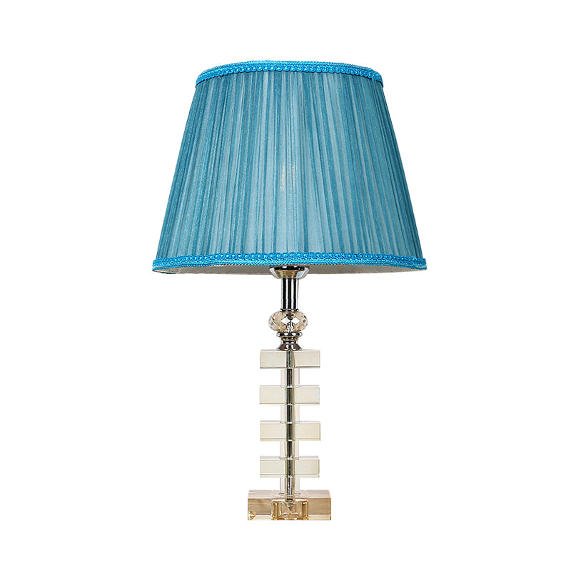 1 Light Barrel Table Lamp Traditionalism Blue Fabric Night Light with Clear Crystal Base