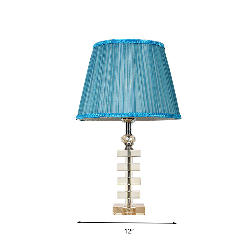 1 Light Barrel Table Lamp Traditionalism Blue Fabric Night Light with Clear Crystal Base
