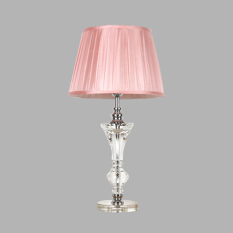 Single Head Table Light Countryside Conical Fabric Night Lamp in Pink/Blue/Beige with Clear Crystal Base