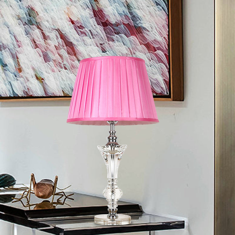 Single Head Table Light Countryside Conical Fabric Night Lamp in Pink/Blue/Beige with Clear Crystal Base