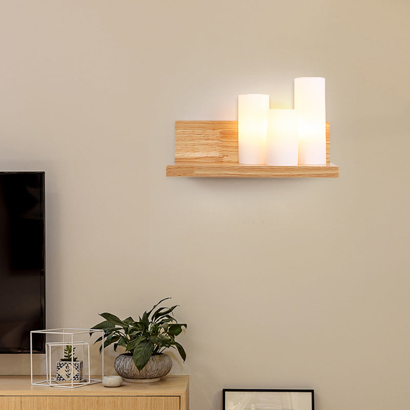 Asian 3 Heads Sconce Wood Tube Wall Lighting Fixture with Opal Glass Shade for Dining Room