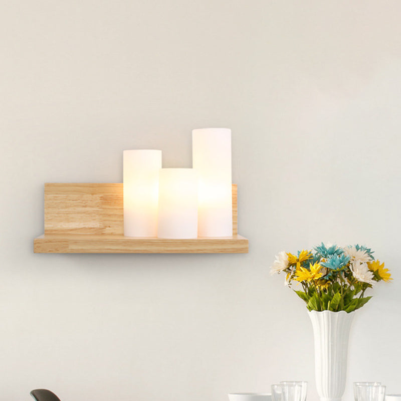 Asian 3 Heads Sconce Wood Tube Wall Lighting Fixture with Opal Glass Shade for Dining Room