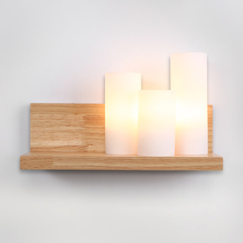 Asian 3 Heads Sconce Wood Tube Wall Lighting Fixture with Opal Glass Shade for Dining Room