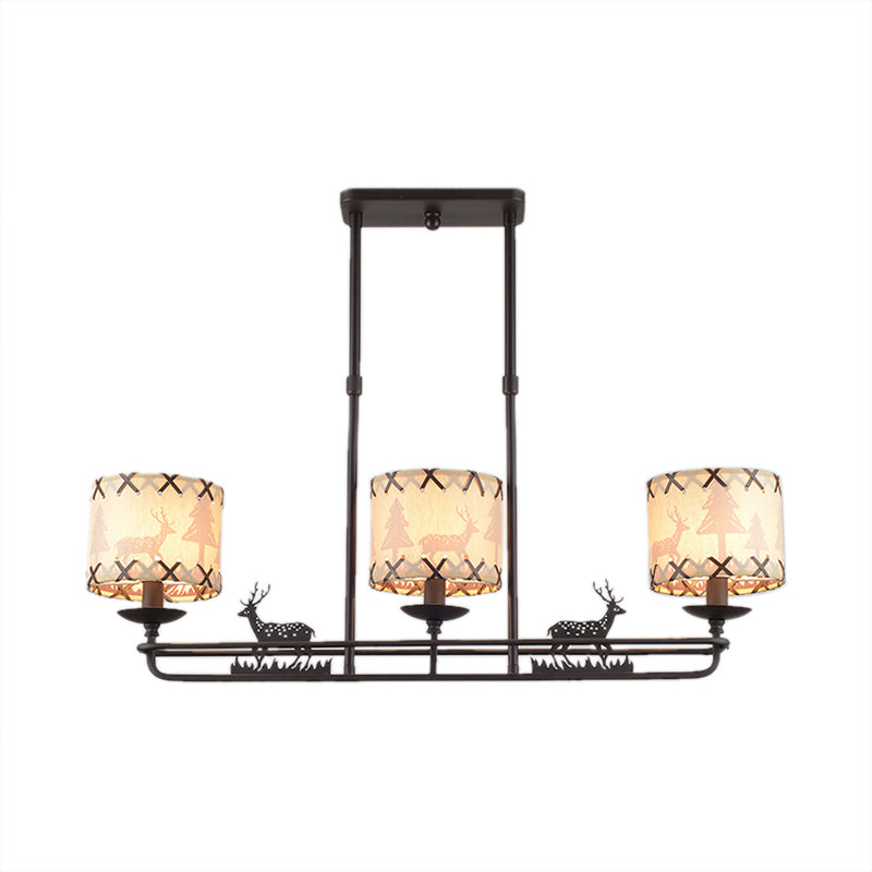 3 Lights Dining Room Island Lighting Traditional Black Hanging Lamp with Barrel Fabric Shade