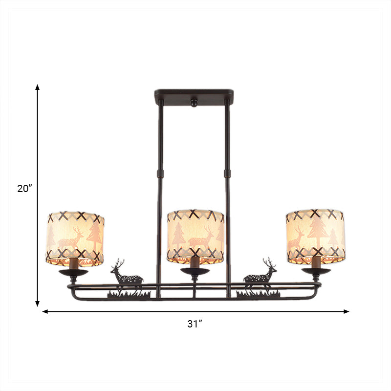 3 Lights Dining Room Island Lighting Traditional Black Hanging Lamp with Barrel Fabric Shade