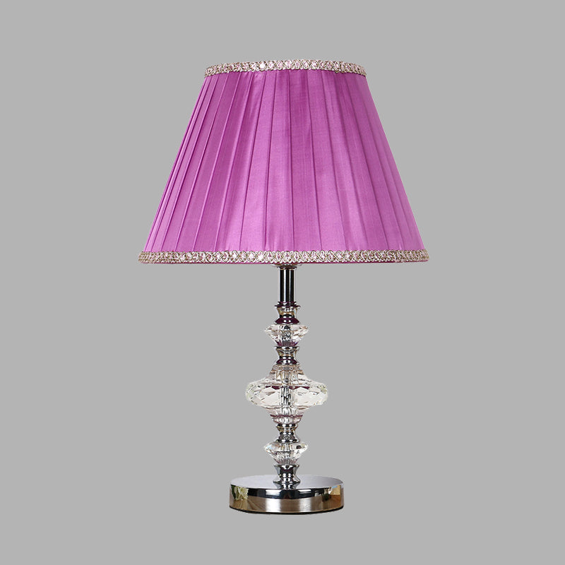 Conical Fabric Night Table Light Lodge Single Bulb Bedroom Nightstand Lamp in Purple with Crystal Accent