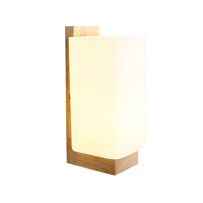 1 Head Stairway Wall Lamp Japanese Wood Sconce Light Fixture with Rectangular Milk Glass Shade