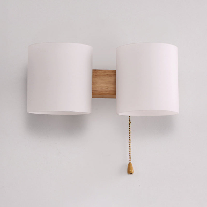 2 Bulbs Bedroom Sconce Light Asian Wood Wall Mounted Lamp with Cylindrical White Glass Shade