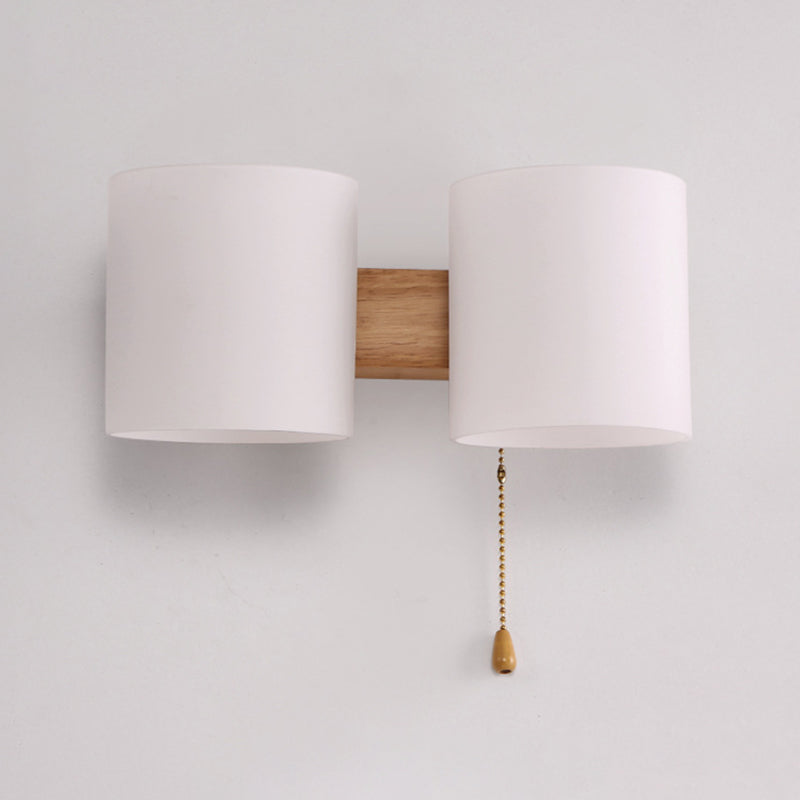 2 Bulbs Bedroom Sconce Light Asian Wood Wall Mounted Lamp with Cylindrical White Glass Shade