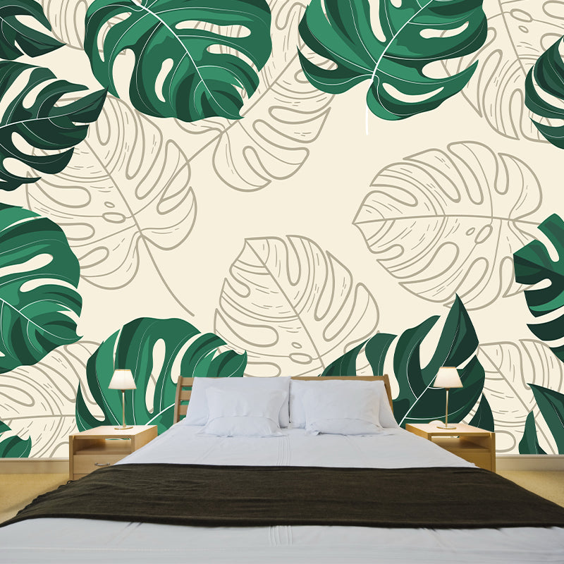 Lots of Leaves Pattern Mural for Bathroom Tropical Botanical Wall Art Moisture Resistant