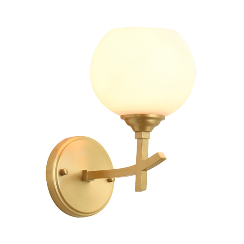 Modern Armed Sconce Light Metal 1 Head Wall Mount Lamp in Brass with Ball Opal Glass Shade