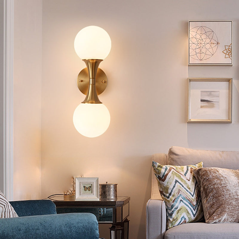 2 Bulbs Bathroom Vanity Light Modernism Brass Wall Mounted Lamp with Orb Milky Glass Shade