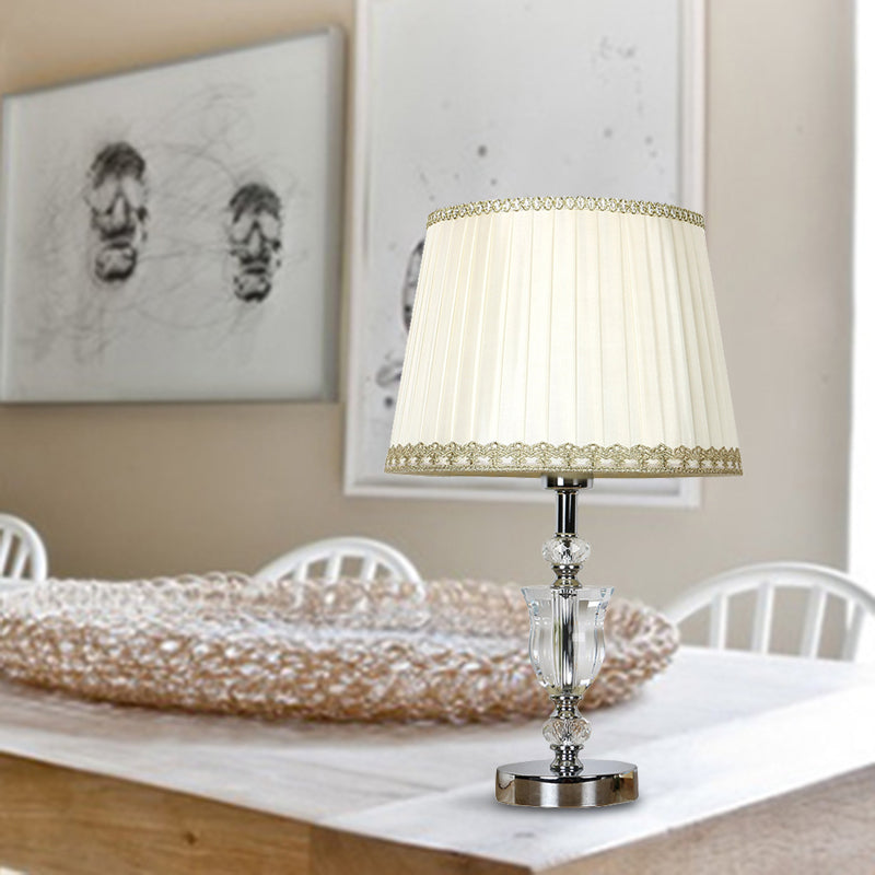 White Drum Table Light Simple Fabric Single Head Bedroom Nightstand Lamp with Crystal Accent