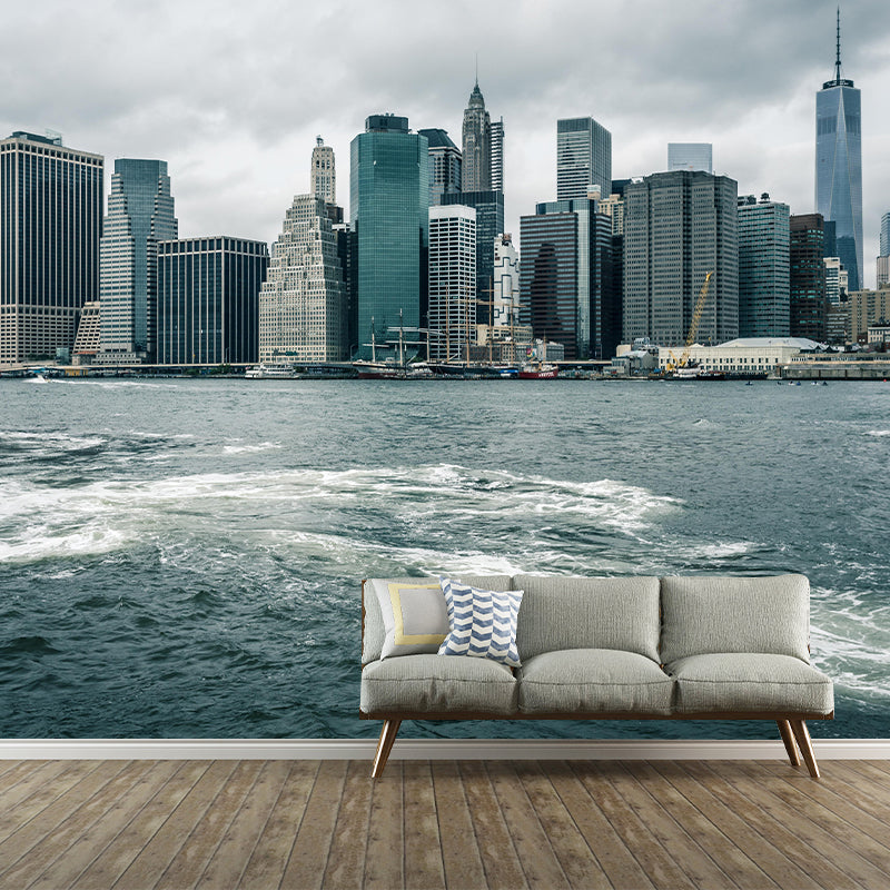 Extra Large Photography Mural with City and Sea Wallpaper Landscape for Bathroom