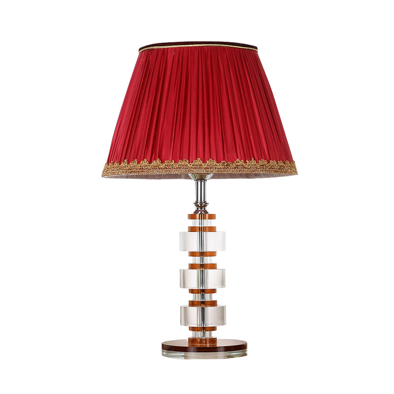 1 lumière de table de tissu lampe de table de batterie à tambour conique rouge simple lumière de nuit avec accent en cristal
