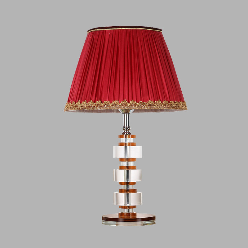 1 lumière de table de tissu lampe de table de batterie à tambour conique rouge simple lumière de nuit avec accent en cristal