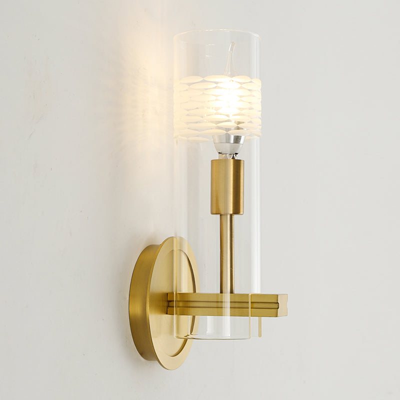 Modernism 1 Head Sconce Light Brass Cylindrical Wall Mounted Lighting with Clear Glass Shade