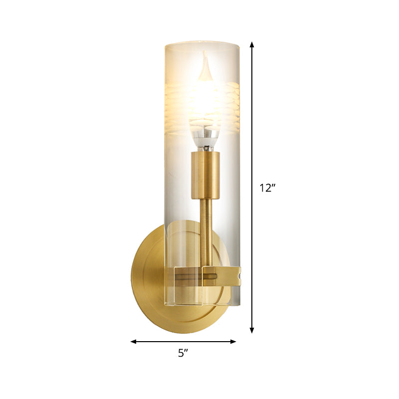 Modernism 1 Head Sconce Light Brass Cylindrical Wall Mounted Lighting with Clear Glass Shade