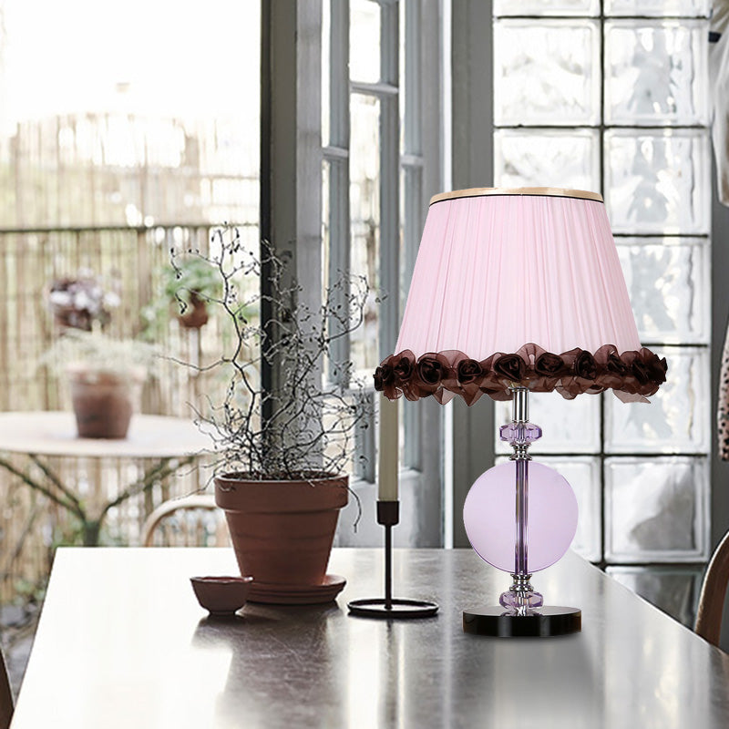 1 Light Round Night Table Lamp Simple Pink Hand-Cut Crystal Nightstand Light for Bedroom