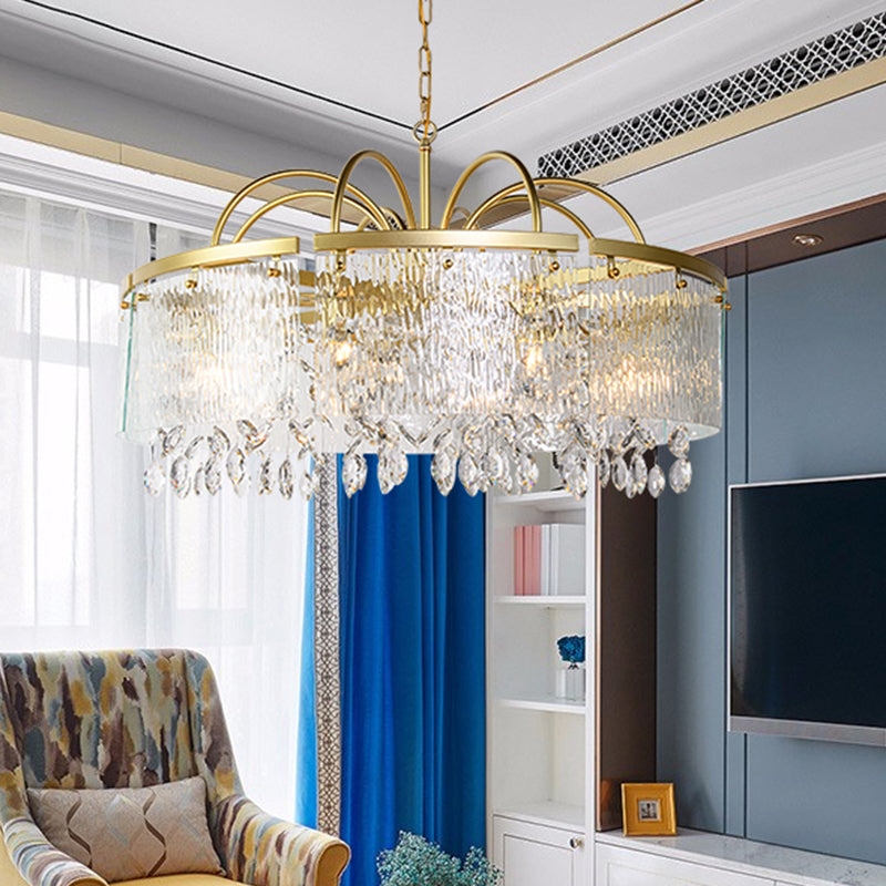Gold 4/6/8 Lights Pendant Chandelier Simple Crystal Round Suspension Lighting Fixture in Gold for Living Room