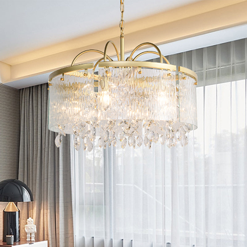 Gold 4/6/8 Lights Pendant Chandelier Simple Crystal Round Suspension Lighting Fixture in Gold for Living Room