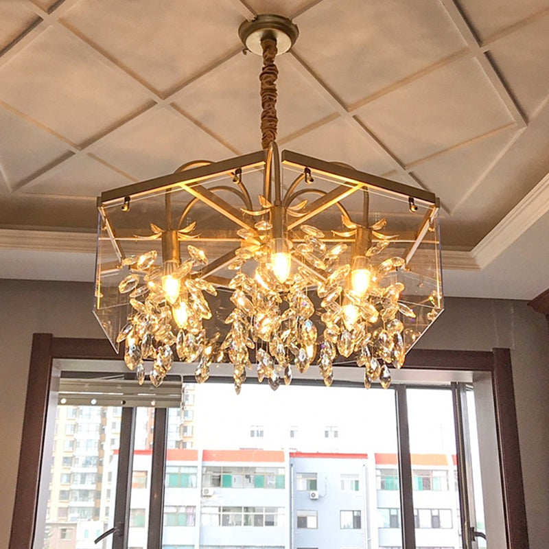 Gold Square Hanging Chandelier Lodge Crystal 4/6/8 Lights Living Room Suspension Pendant