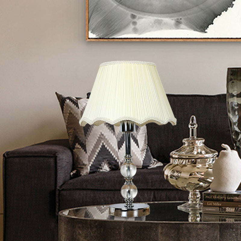 White Scalloped Night Lamp Traditional Fabric Single Head Bedroom Table Light with Crystal Ball Accent