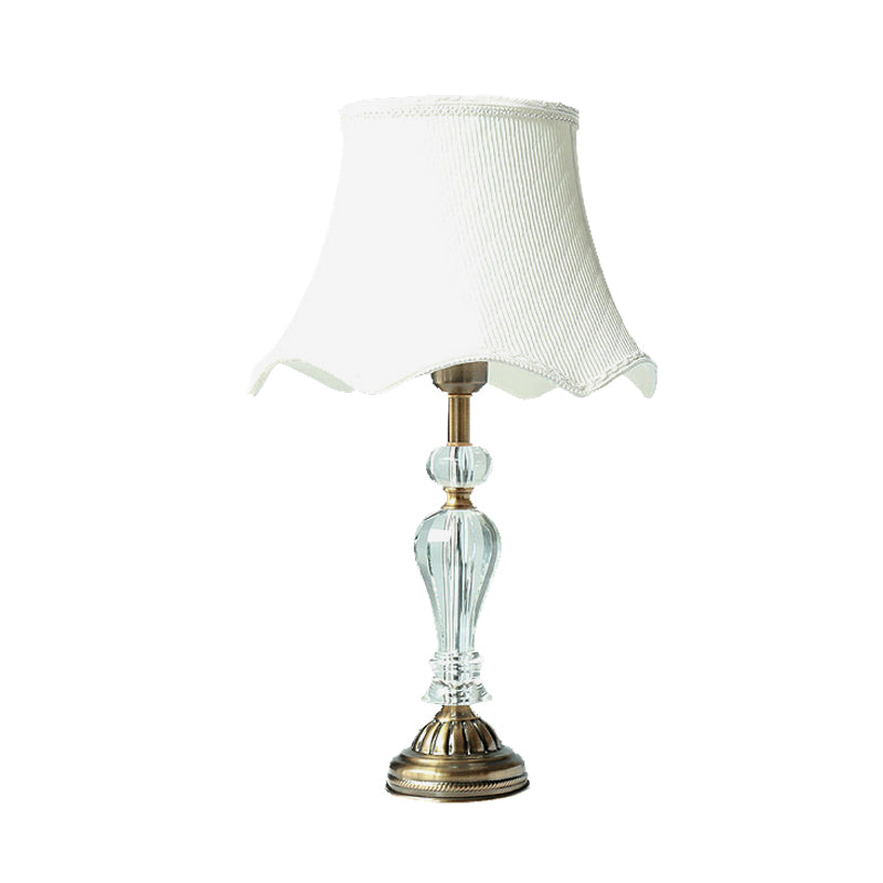 Fabric White Night Table Lamp Scalloped Singe Bulb Simple Nightstand Light with Crystal Accent