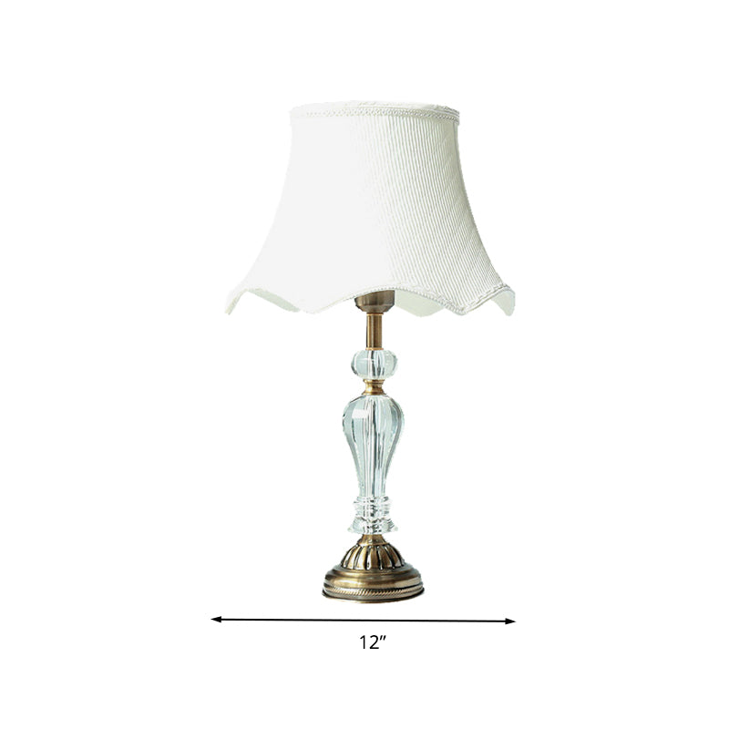 Fabric White Night Table Lamp Scalloped Singe Bulb Simple Nightstand Light with Crystal Accent