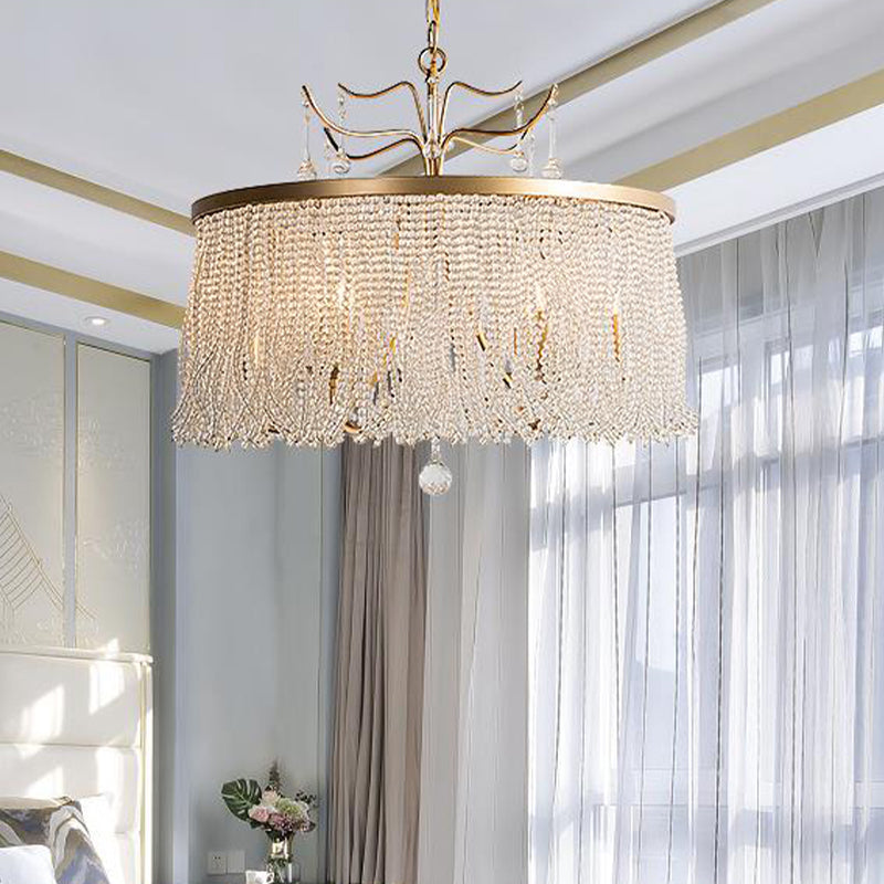 Crystal Beaded Ceiling Chandelier Countryside 6/8 Lights Living Room Suspension Pendant Light in Gold